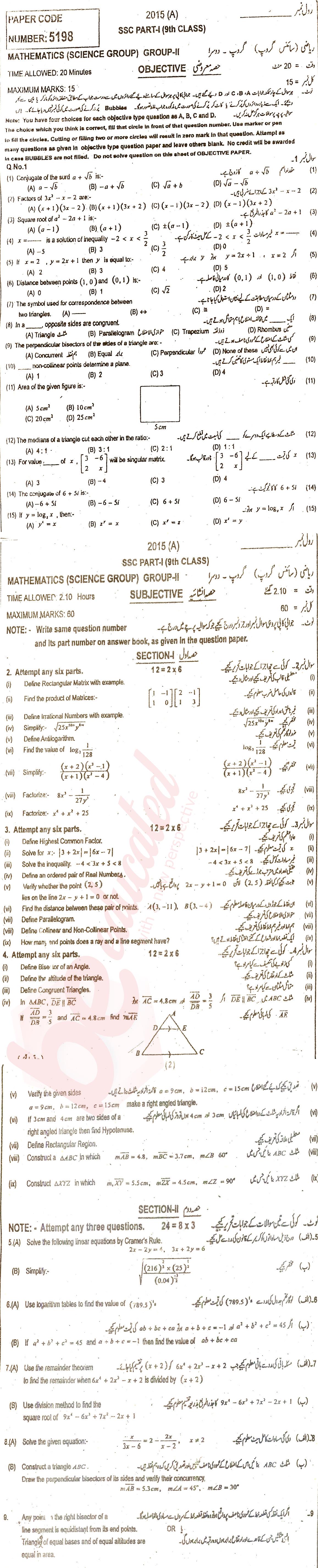 Math 9th class Past Paper Group 2 BISE Multan 2015