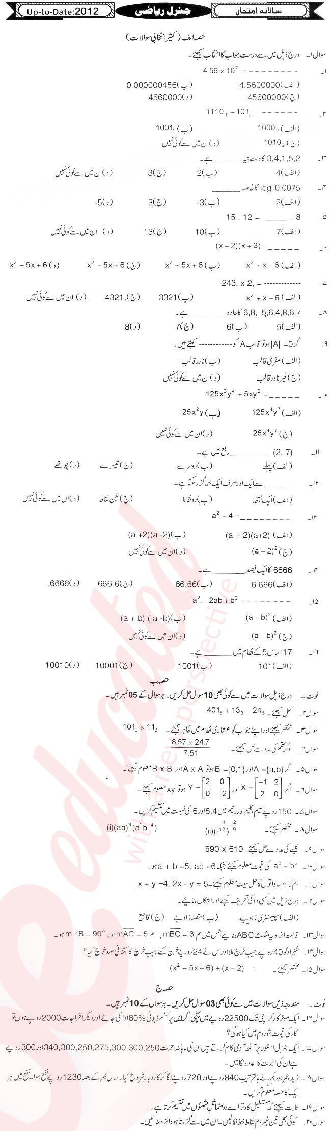 Math 9th Urdu Medium Past Paper Group 1 BISE Sukkur 2012