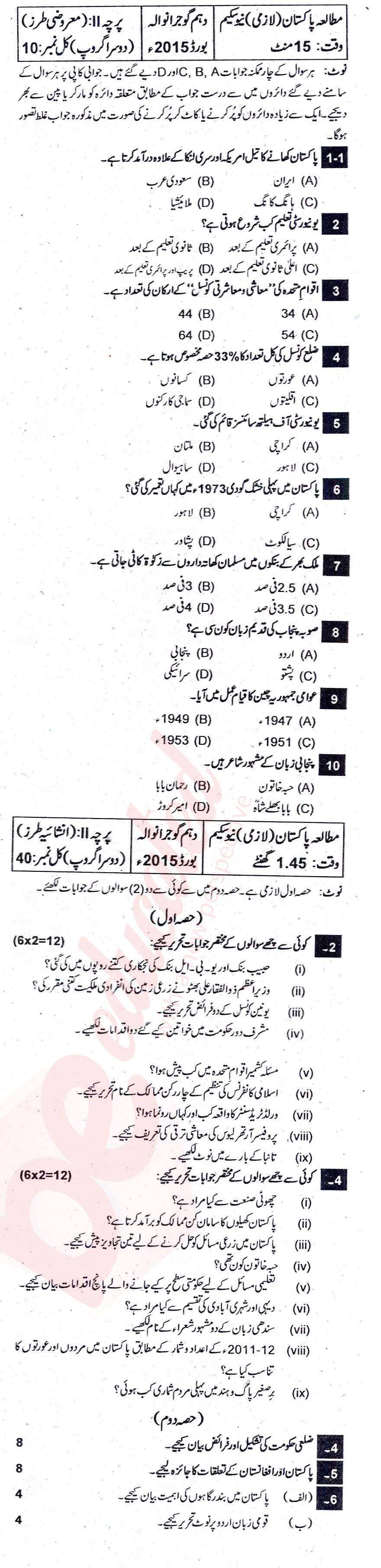 Pak Studies 10th Urdu Medium Past Paper Group 2 BISE Gujranwala 2015