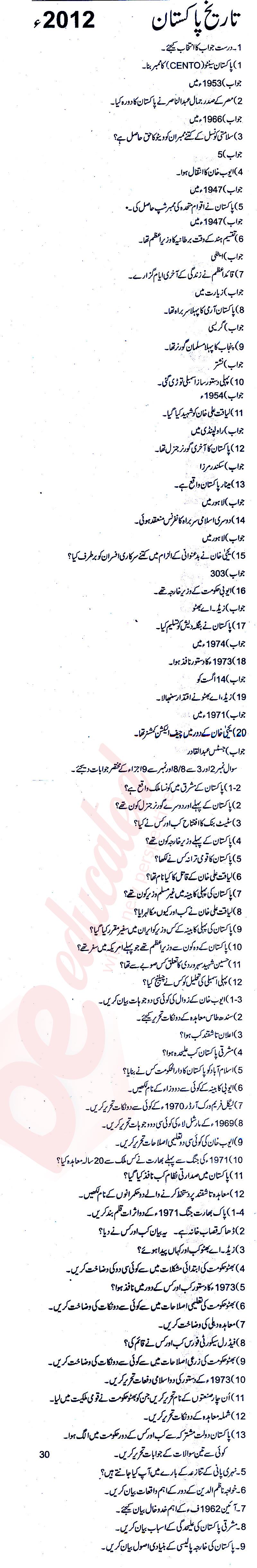 Pakistan History FA Part 2 Past Paper Group 1 BISE Rawalpindi 2012
