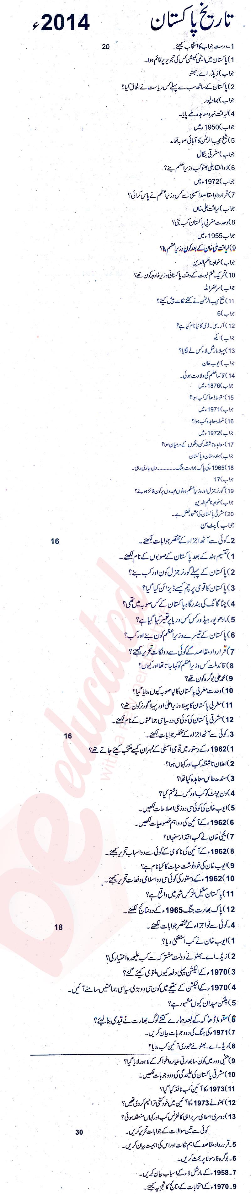 Pakistan History FA Part 2 Past Paper Group 1 BISE Rawalpindi 2014