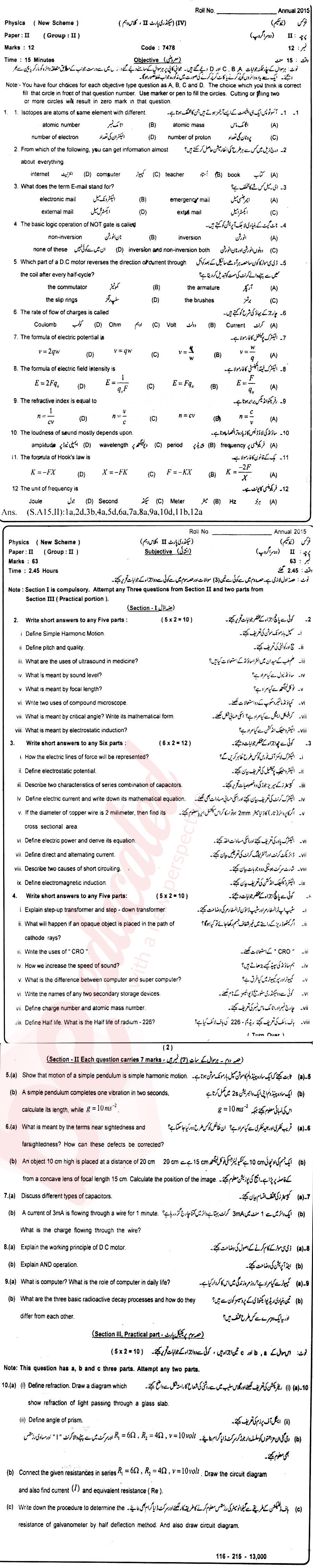 Physics 10th class Past Paper Group 2 BISE Sahiwal 2015