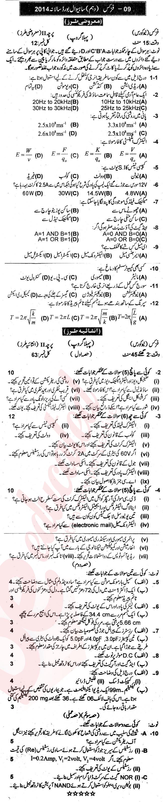 Physics 10th Urdu Medium Past Paper Group 1 BISE Sahiwal 2014