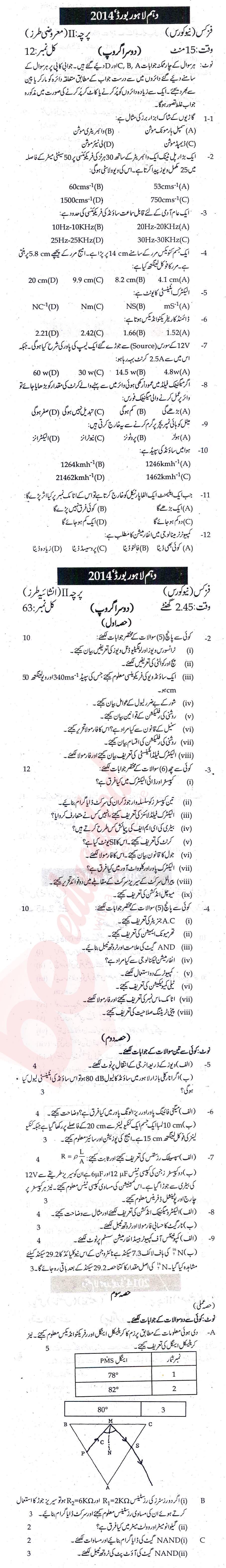 Physics 10th Urdu Medium Past Paper Group 2 BISE Lahore 2014