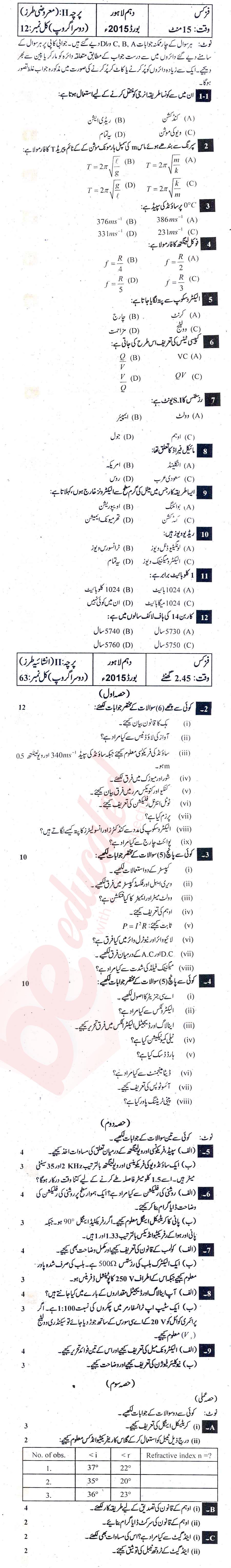Physics 10th Urdu Medium Past Paper Group 2 BISE Lahore 2015