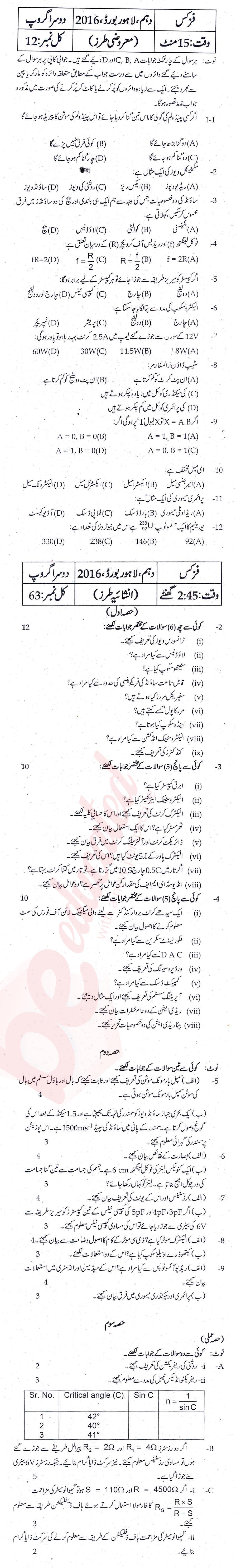 Physics 10th Urdu Medium Past Paper Group 2 BISE Lahore 2016