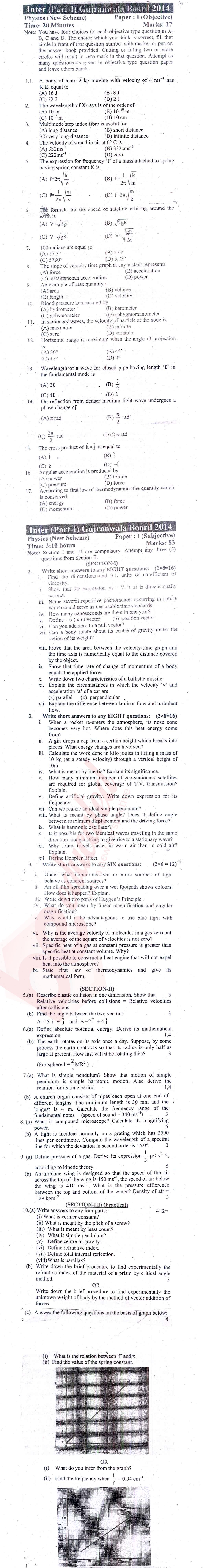 Physics 11th class Past Paper Group 1 BISE Gujranwala 2014