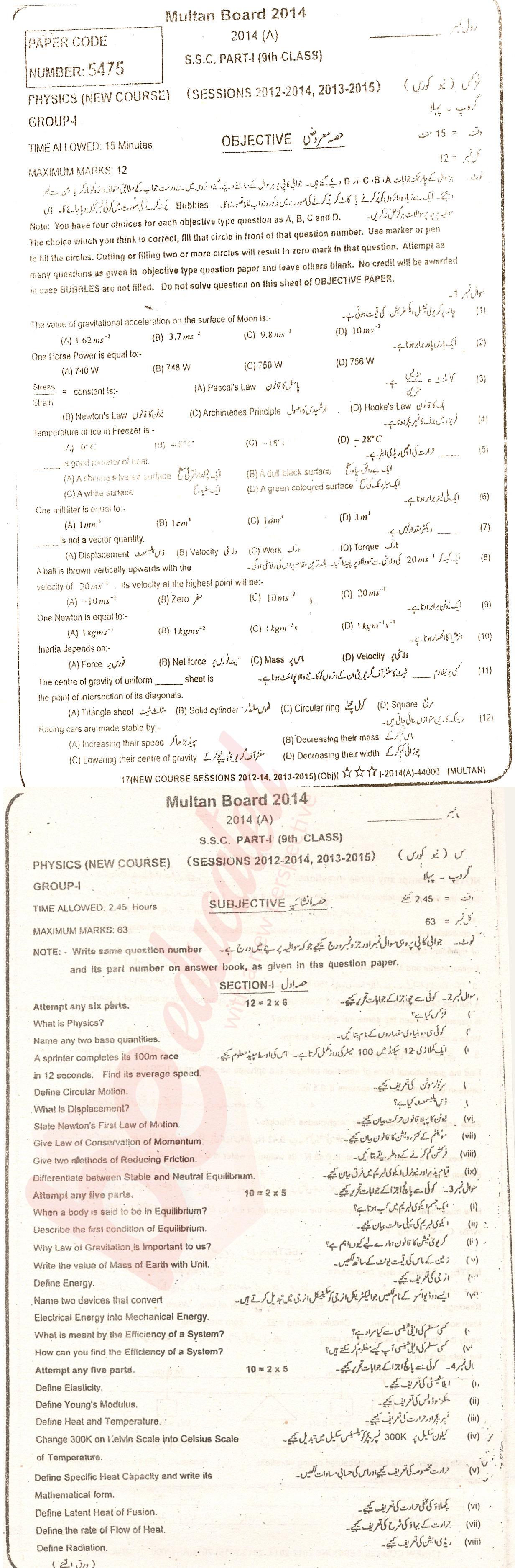 Physics 9th class Past Paper Group 1 BISE Multan 2014