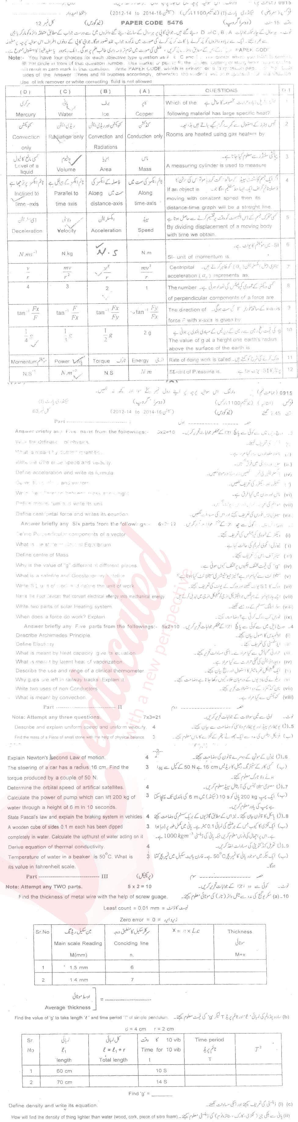 Physics 9th class Past Paper Group 2 BISE Sargodha 2015