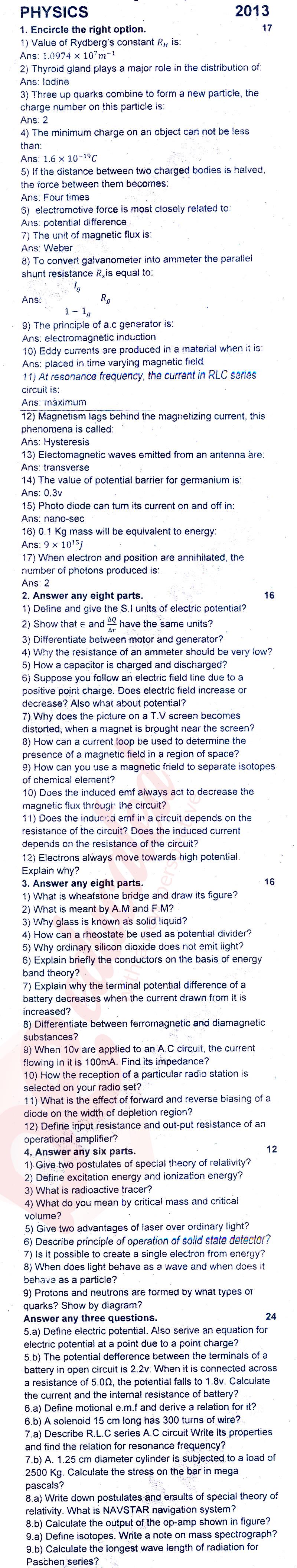 Physics FSC Part 2 Past Paper Group 1 BISE Rawalpindi 2013