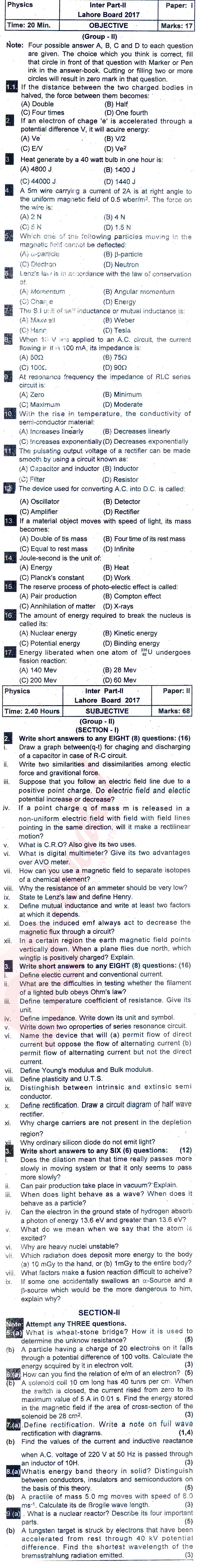 Physics FSC Part 2 Past Paper Group 2 BISE Lahore 2017