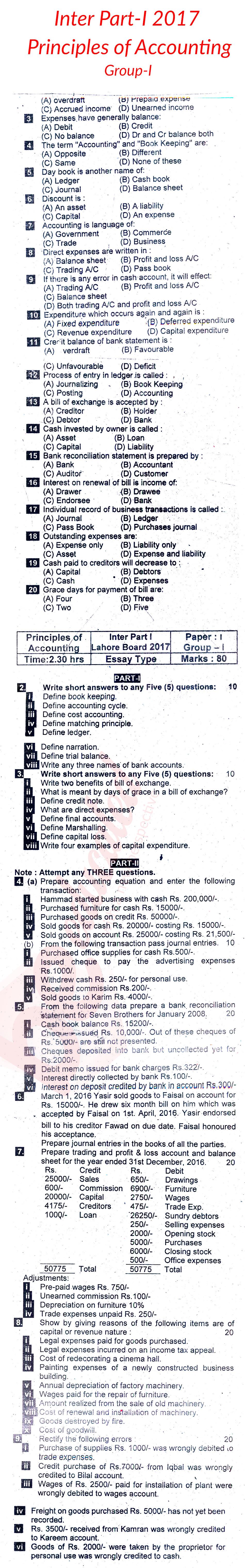 Principles of Accounting ICOM Part 1 Past Paper Group 1 BISE Lahore 2017