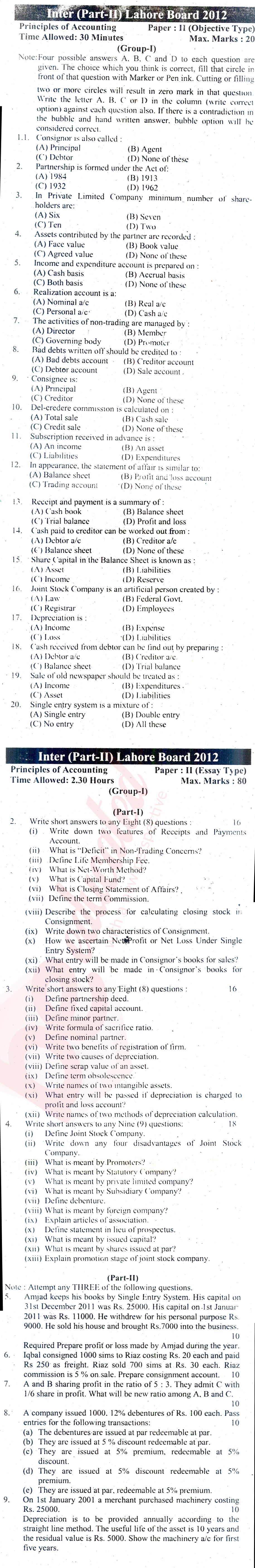 Principles of Accounting ICOM Part 2 Past Paper Group 1 BISE Lahore 2012