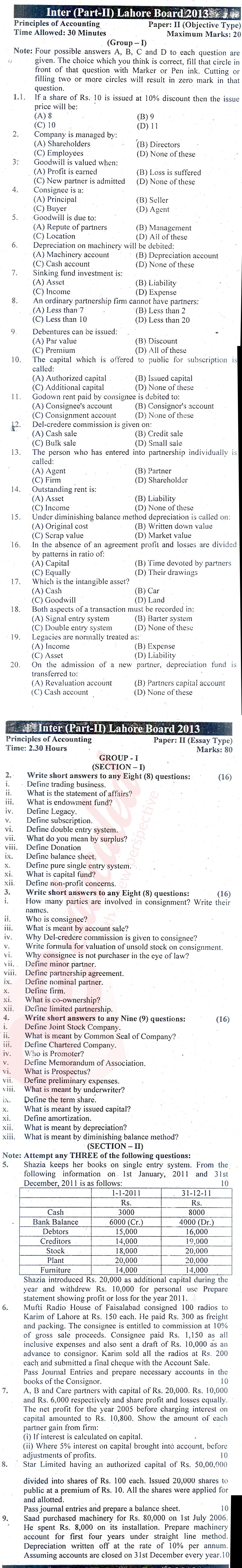 Principles of Accounting ICOM Part 2 Past Paper Group 1 BISE Lahore 2013