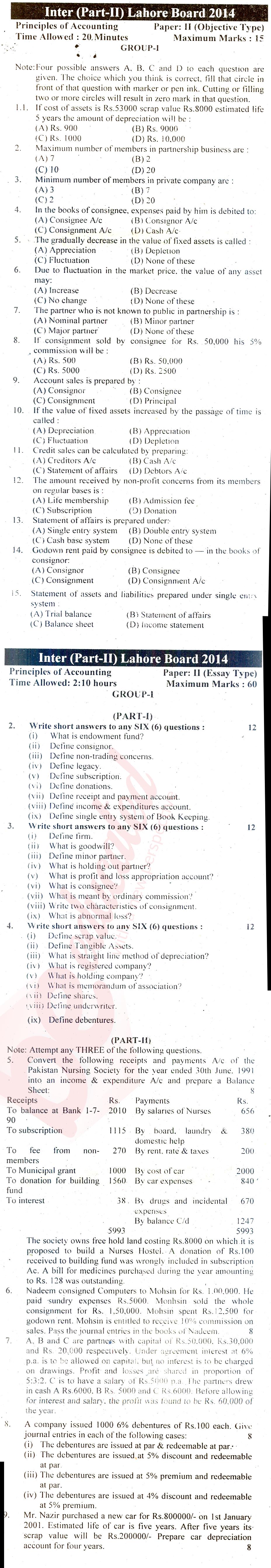 Principles of Accounting ICOM Part 2 Past Paper Group 1 BISE Lahore 2014