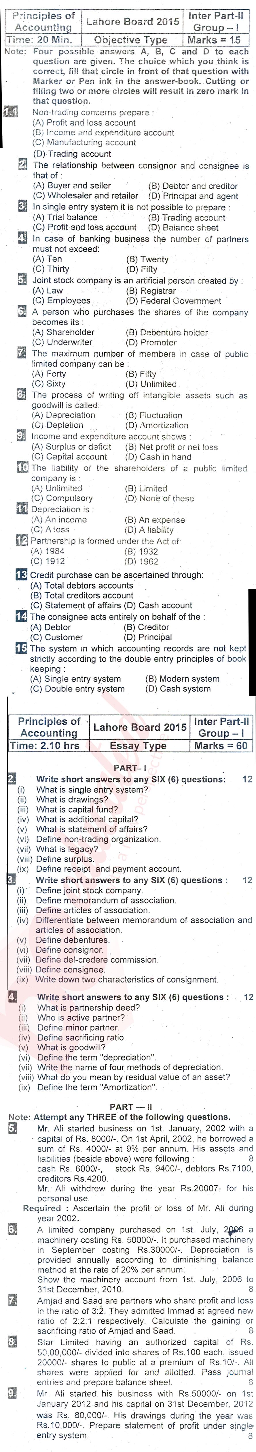 Principles of Accounting ICOM Part 2 Past Paper Group 1 BISE Lahore 2015