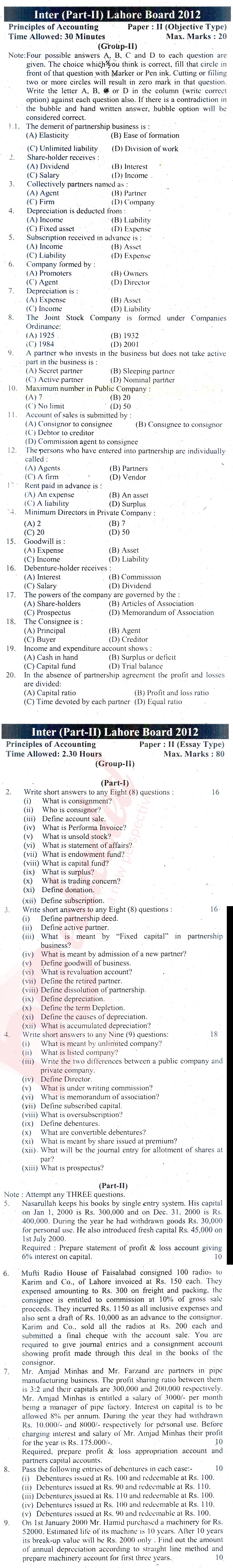 Principles of Accounting ICOM Part 2 Past Paper Group 2 BISE Lahore 2012