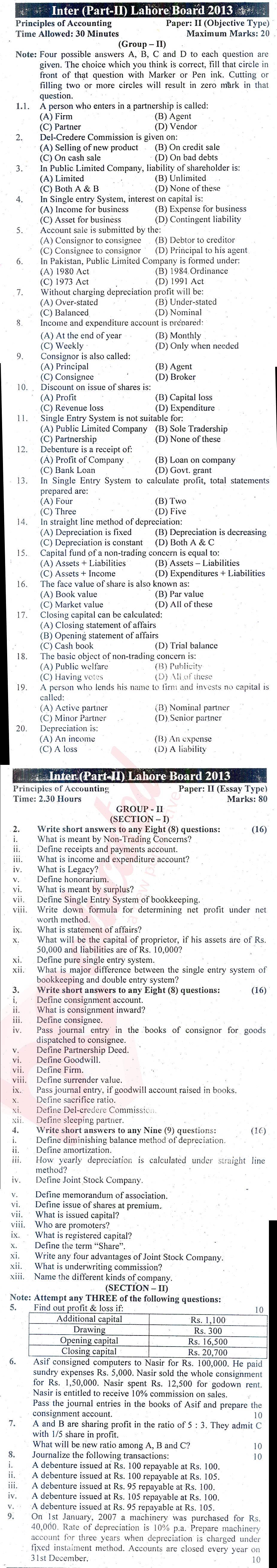 Principles of Accounting ICOM Part 2 Past Paper Group 2 BISE Lahore 2013