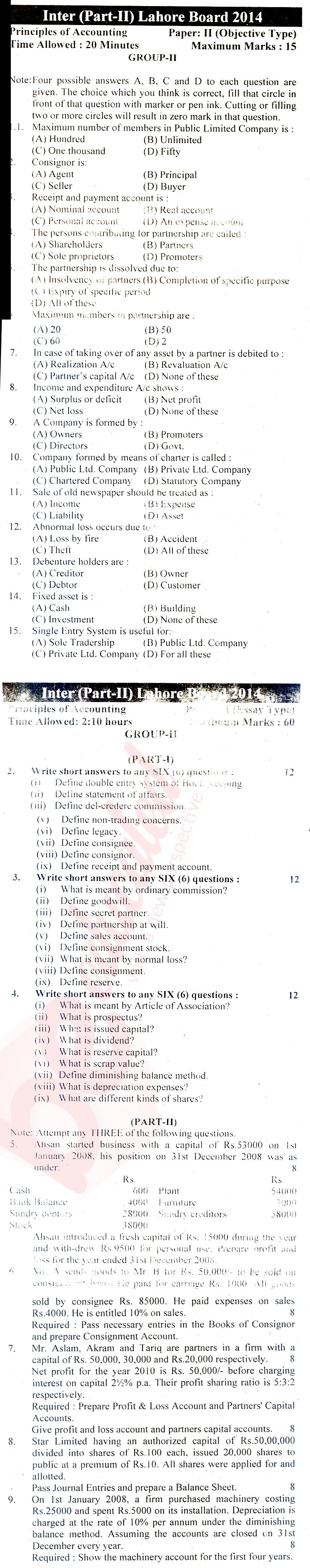 Principles of Accounting ICOM Part 2 Past Paper Group 2 BISE Lahore 2014