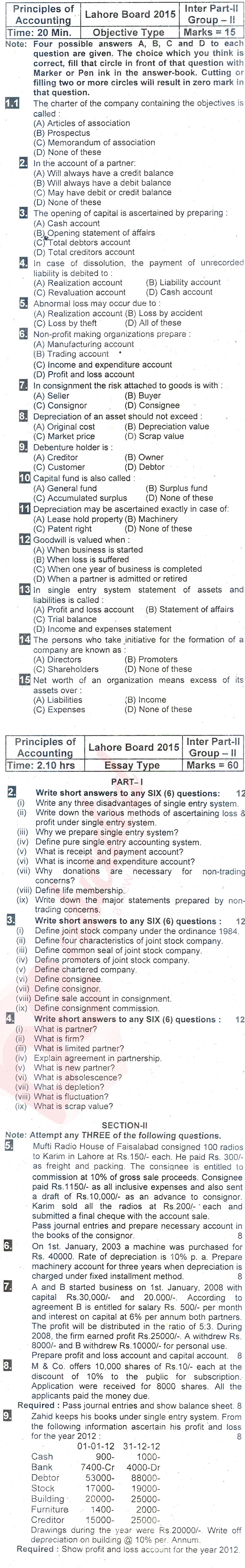 Principles of Accounting ICOM Part 2 Past Paper Group 2 BISE Lahore 2015