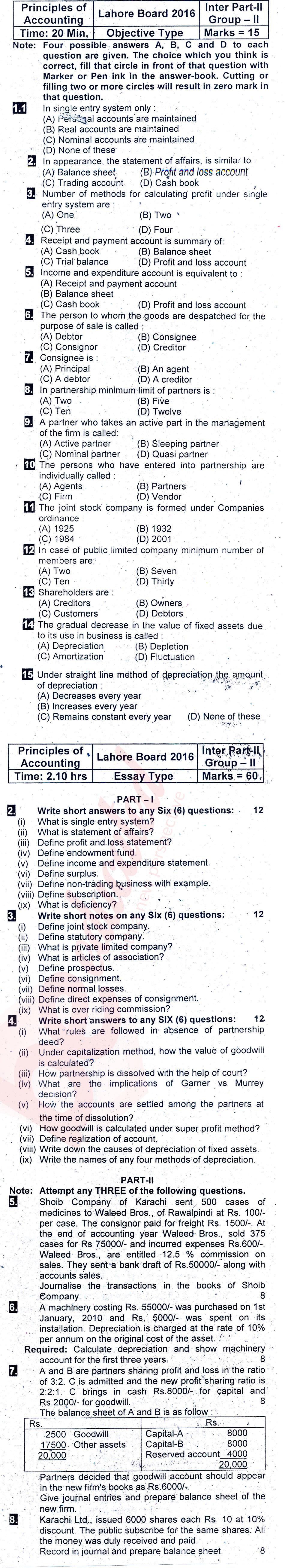 Principles of Accounting ICOM Part 2 Past Paper Group 2 BISE Lahore 2016