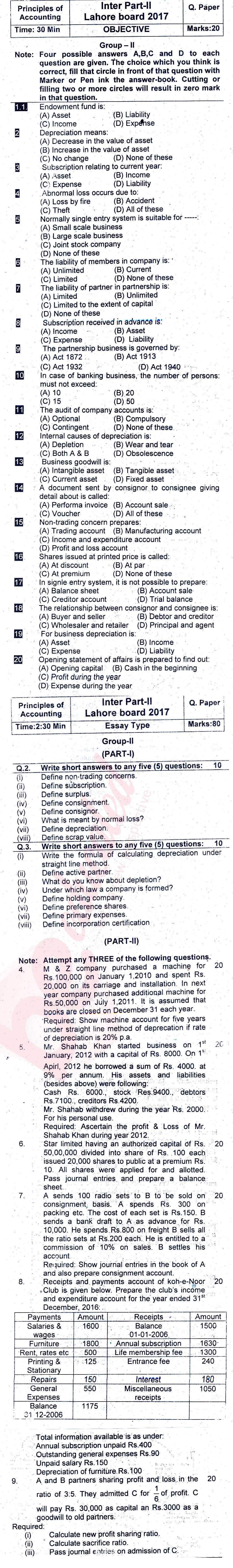 Principles of Accounting ICOM Part 2 Past Paper Group 2 BISE Lahore 2017