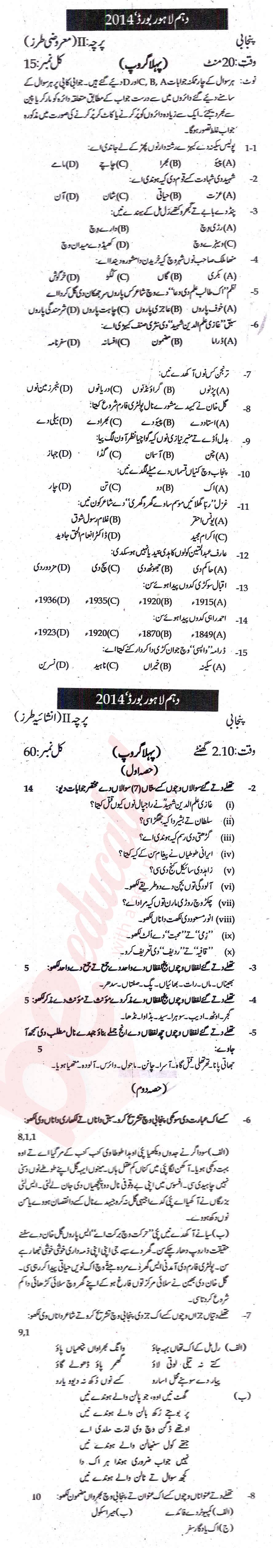 Punjabi 10th Urdu Medium Past Paper Group 1 BISE Lahore 2014