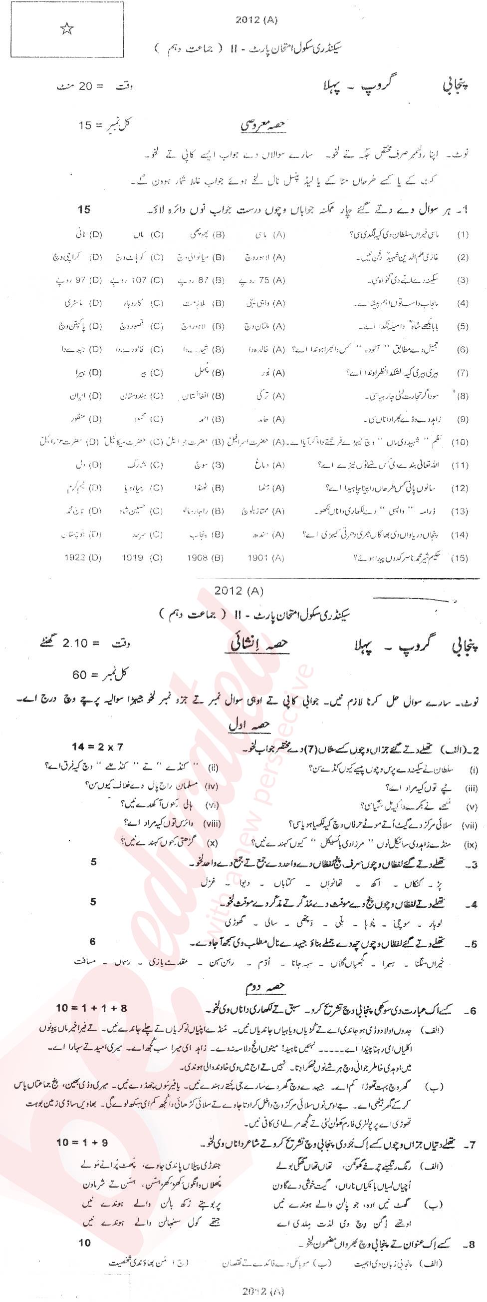 Punjabi 10th Urdu Medium Past Paper Group 1 BISE Multan 2012