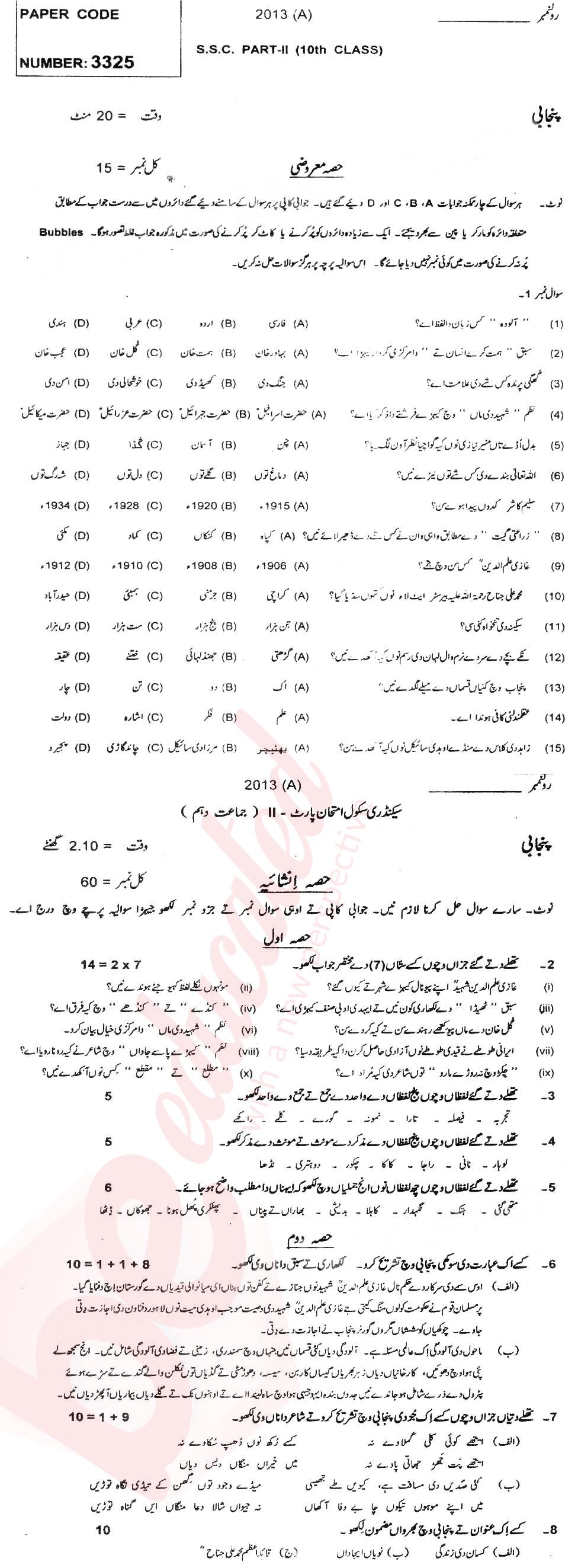 Punjabi 10th Urdu Medium Past Paper Group 1 BISE Multan 2013