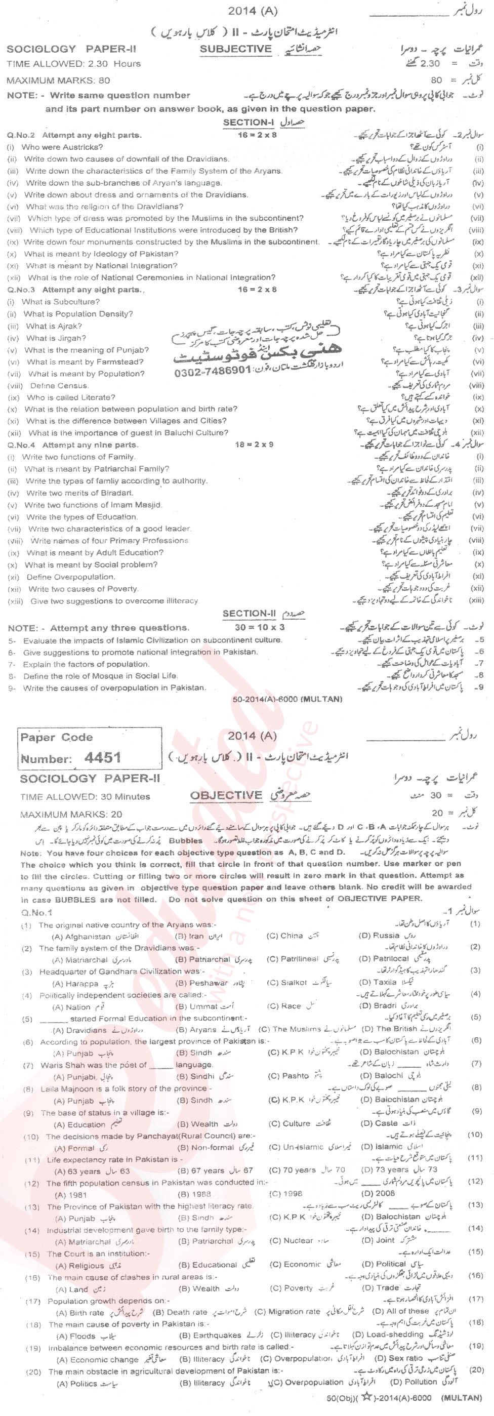 Sociology FA Part 2 Past Paper Group 1 BISE Multan 2014
