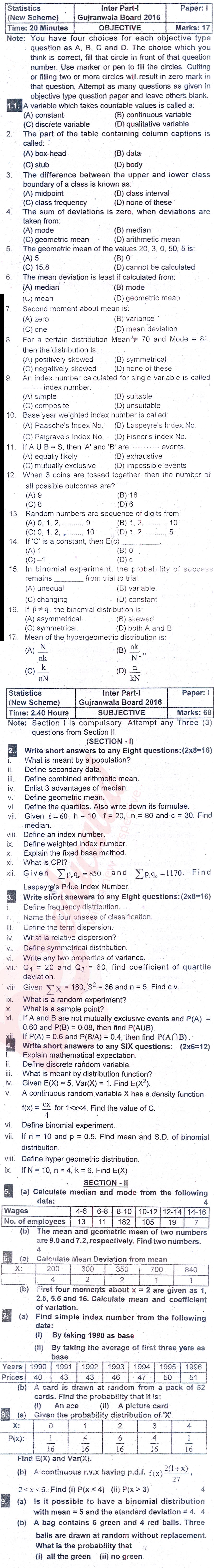 Statistics ICS Part 1 Past Paper Group 1 BISE Gujranwala 2016