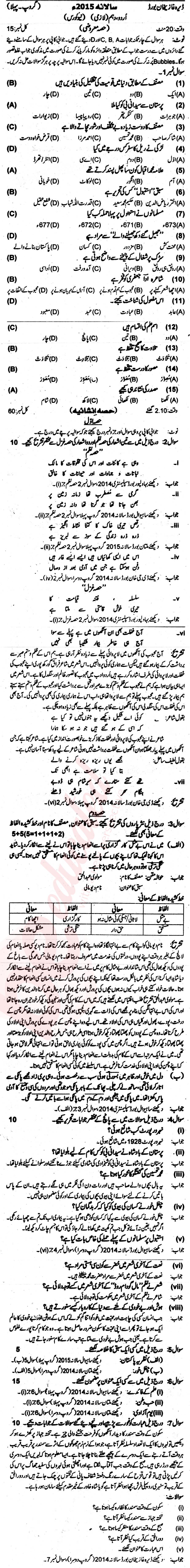 Urdu 10th Urdu Medium Past Paper Group 1 BISE DG Khan 2015