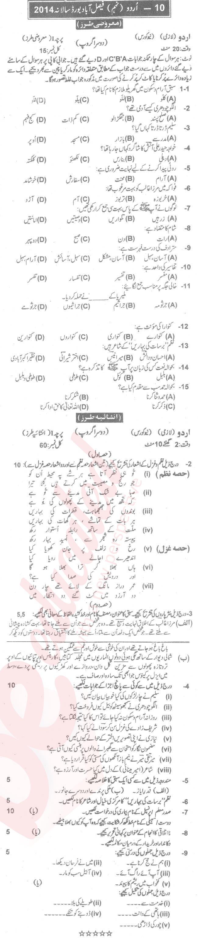 Urdu 9th Urdu Medium Past Paper Group 2 BISE Faisalabad 2014
