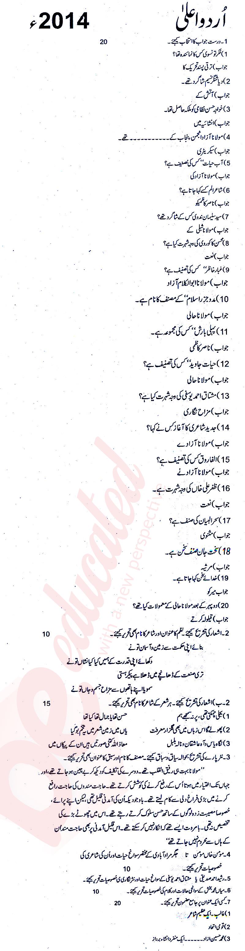 Urdu FA Part 2 Past Paper Group 1 BISE Rawalpindi 2014