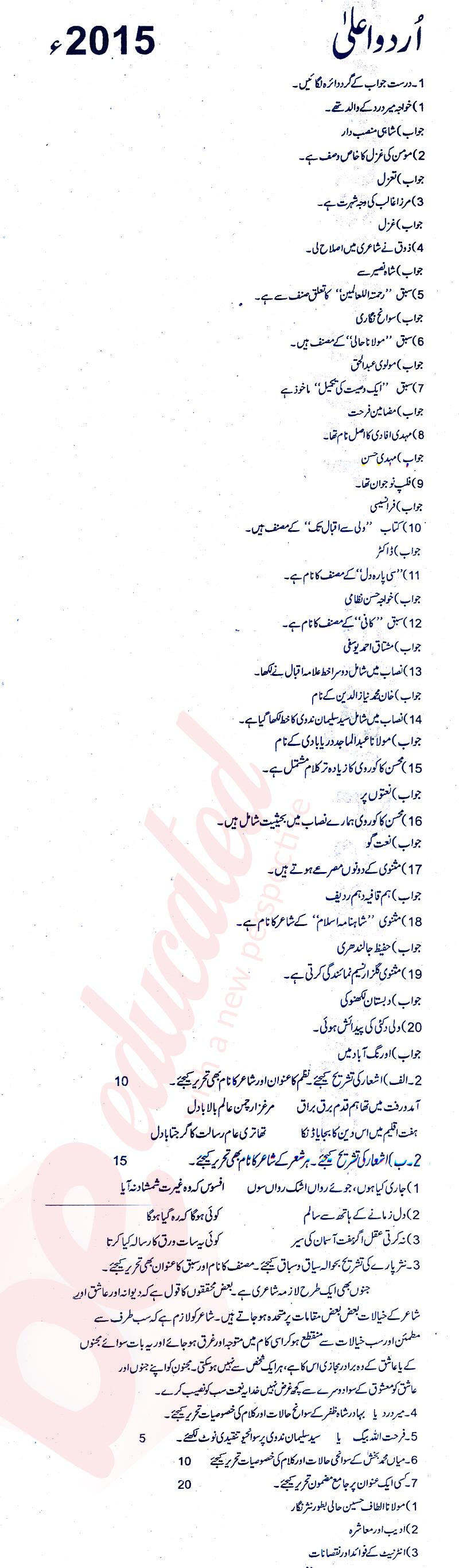 Urdu FA Part 2 Past Paper Group 1 BISE Rawalpindi 2015
