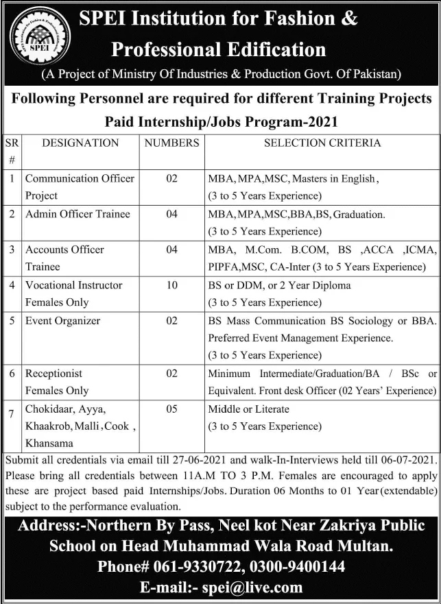 Accounts Officer Jobs in SPEI Institution for Fashion & Professional Edification Multan.
