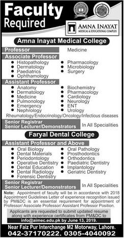 Amna Inayat Medical College Offers Jobs 2019