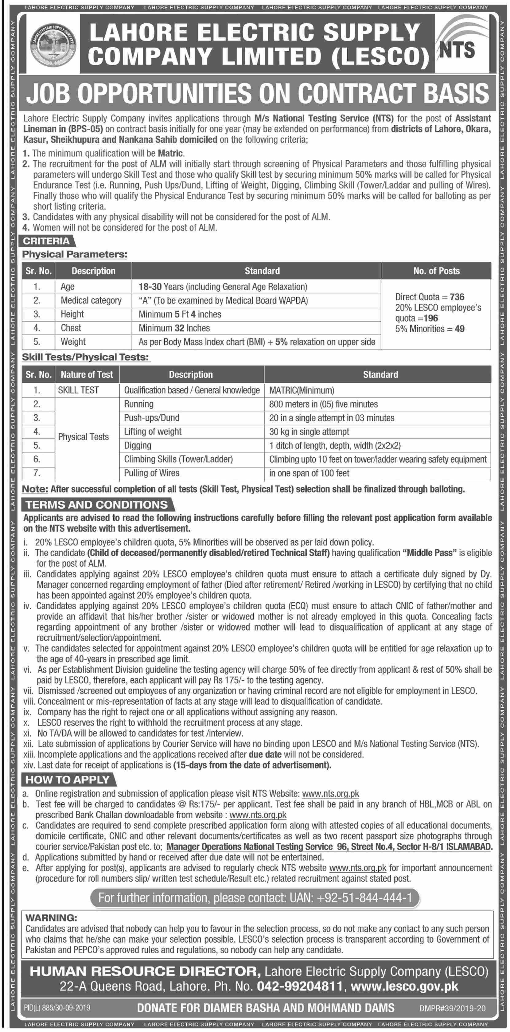 Assistant Lineman Job In Lahore Electric Supply Company 