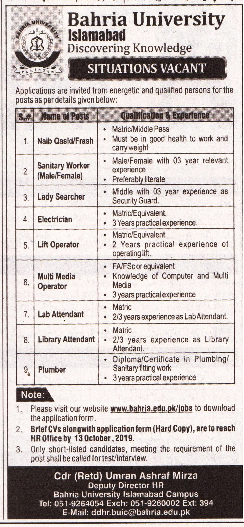 Bahria University Islamabad Offering Jobs 2019