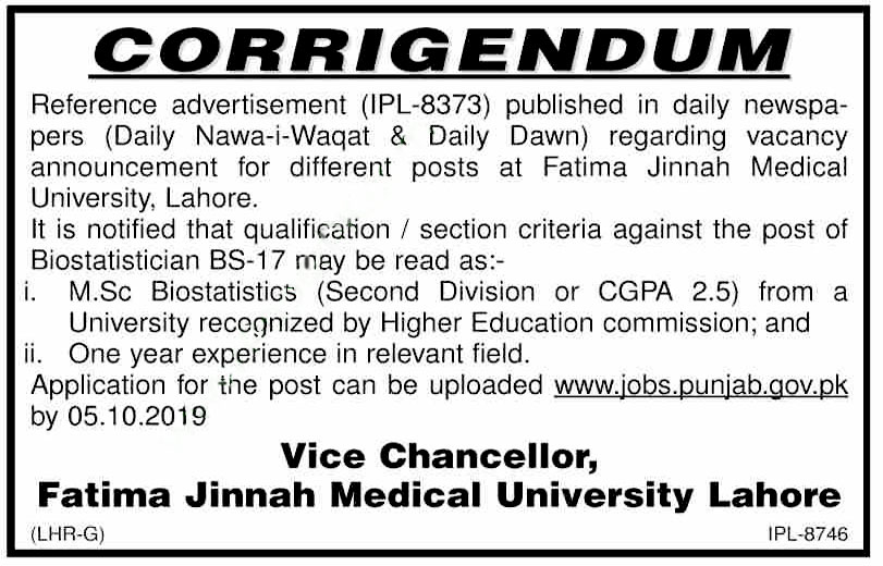 Biostatistician  Job Fatima Jinnah Medical University Lahore