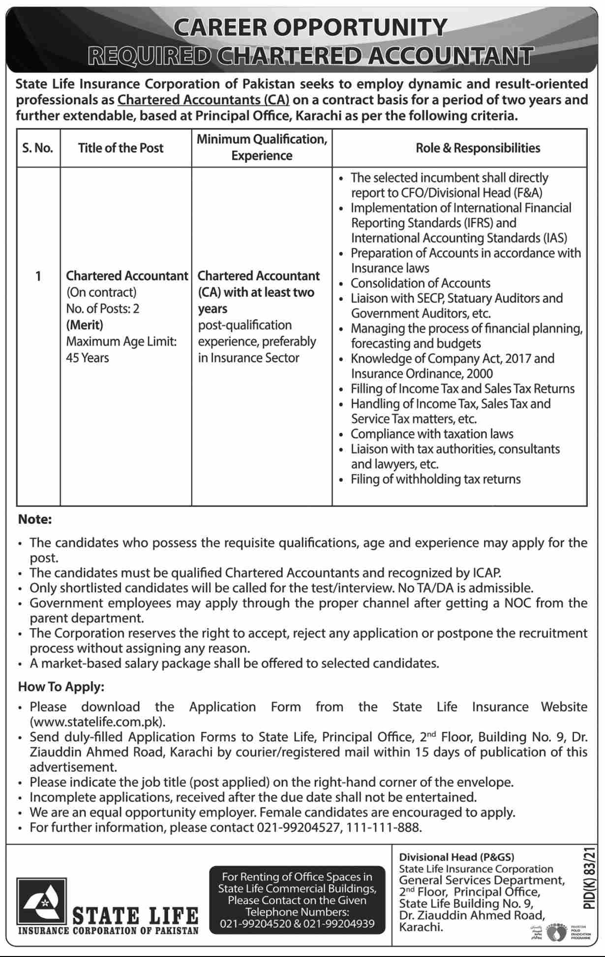 Chartered Accountant new Jobs in State Life Insurance Corporation of Pakistan Karachi