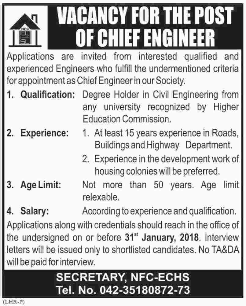 Chief Engineer Job In Lahore 22 Jan 2018