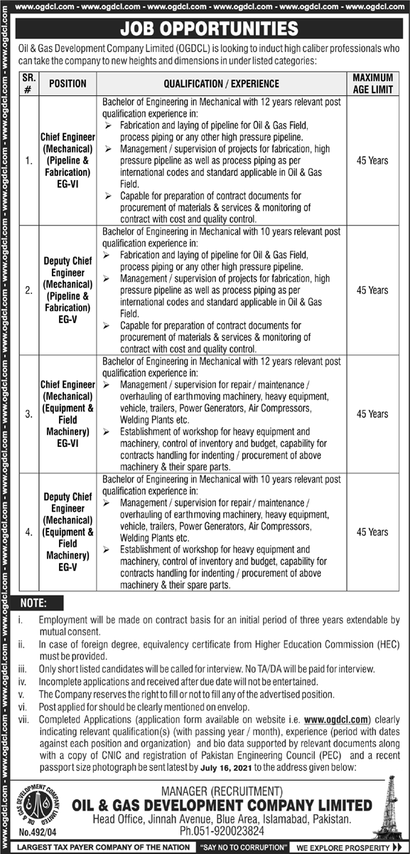 Chief Engineer new Jobs in Oil and Gas Development Company Limited in Islamabad