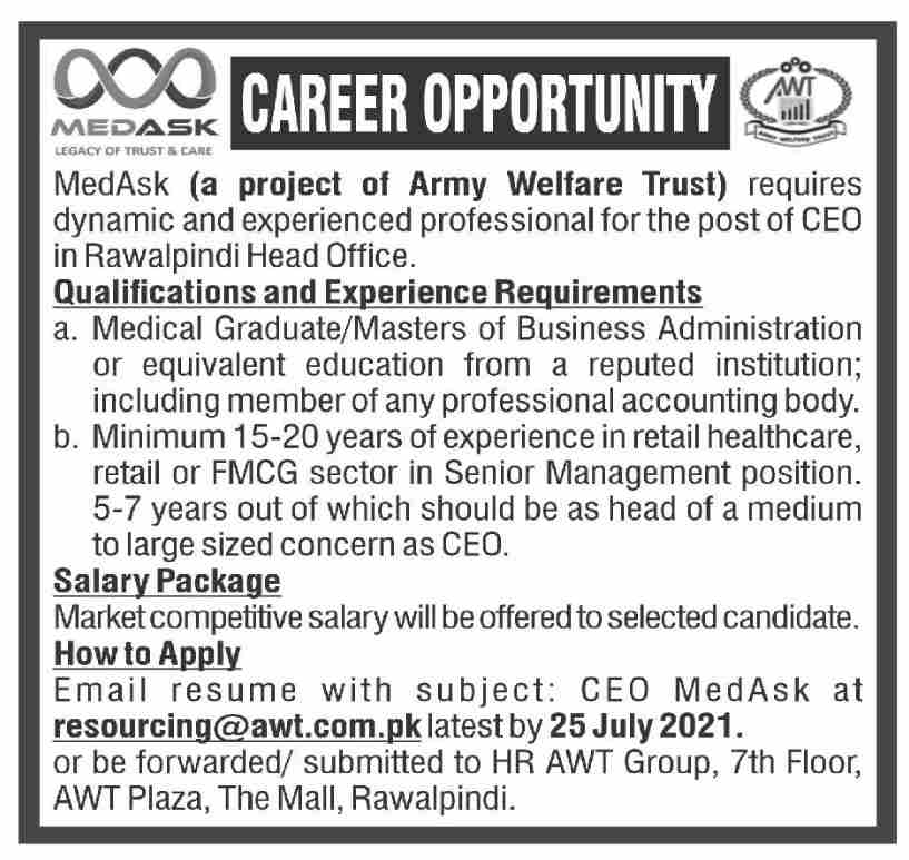 Chief Executive Officer CEO new Jobs in Army Welfare Trust 2021