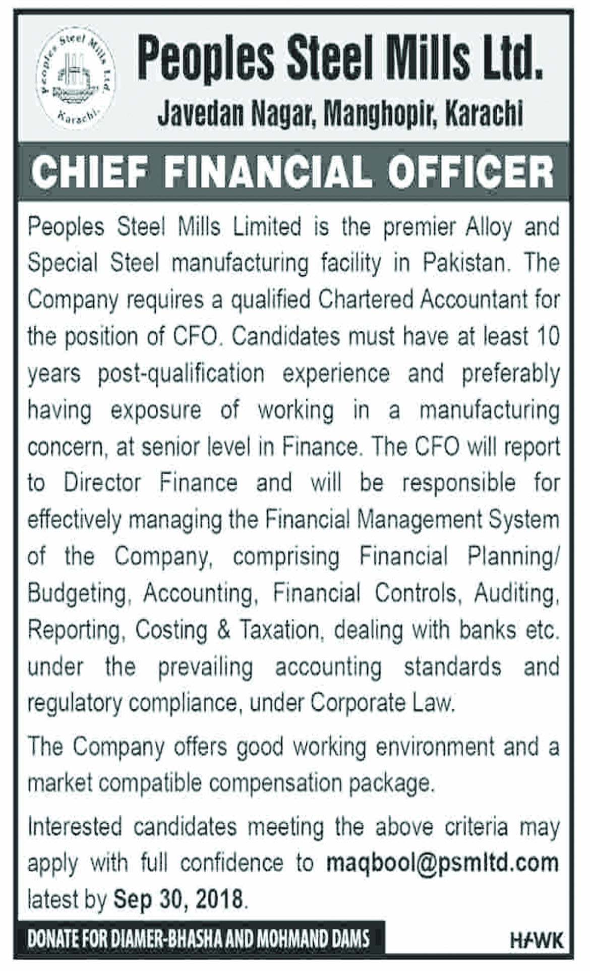 Chief Financial Officer Jobs In Peoples Steel Mills Limited 17 Sep 2018