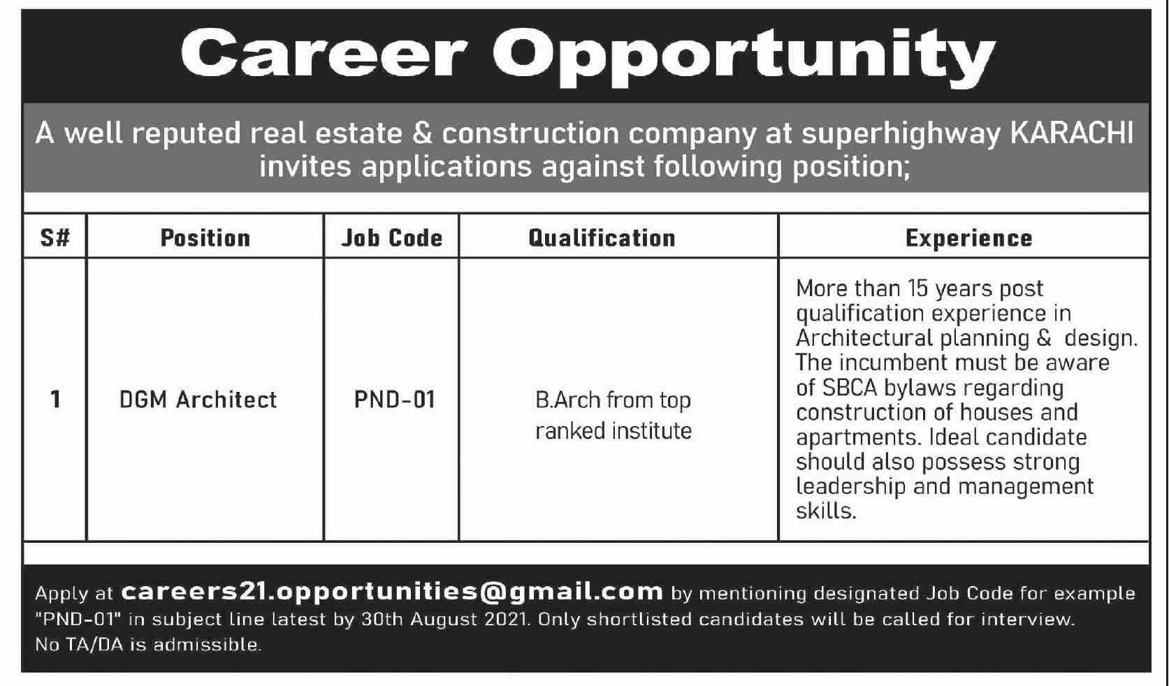 DGM Architect new Jobs in Pak Pakistan karachi