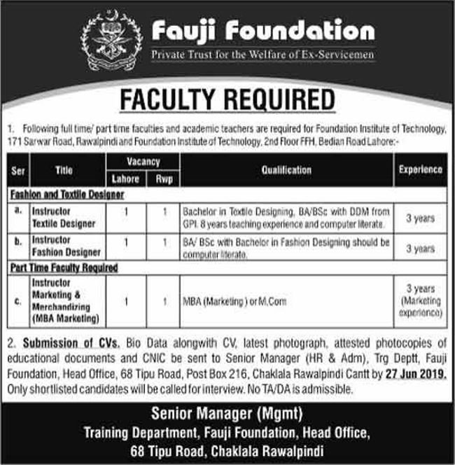 Fauji Foundation Pakistan Looking For Staff 2019
