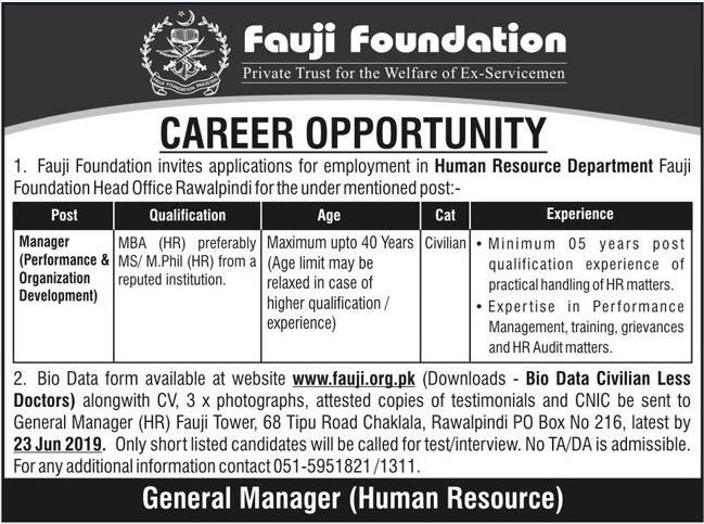 Fauji Foundation Rawalpindi Offering Jobs 2019