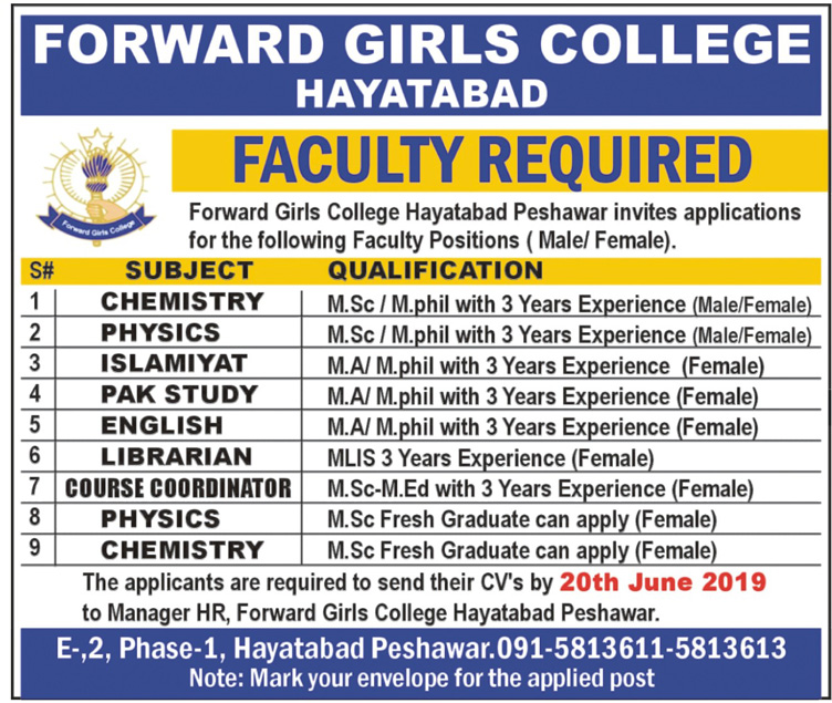 Forward Girls College Hayatabad Looking For Staff 2019
