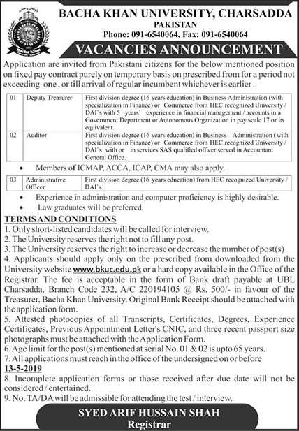 Get a Latest Jobs In Bacha Khan Univeristy 2019